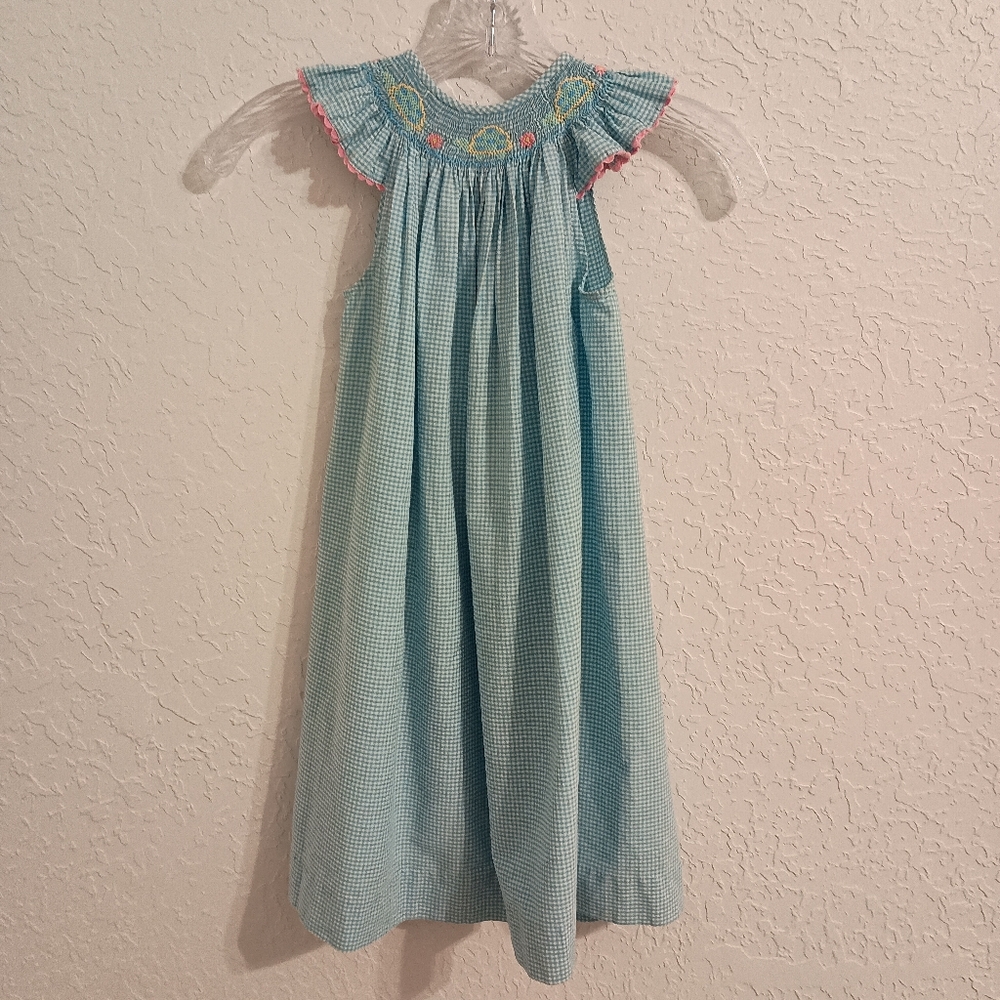 Vintage Childs Easter Dress Smocked Sleeveless Blue Plaid Turtles And Flowers 4